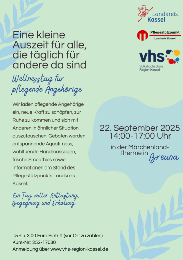 Wellnesstag für pflegende Angehörige. 22. September 2025 14 - 17 Uhr, Märchenlandtherme in Breuna