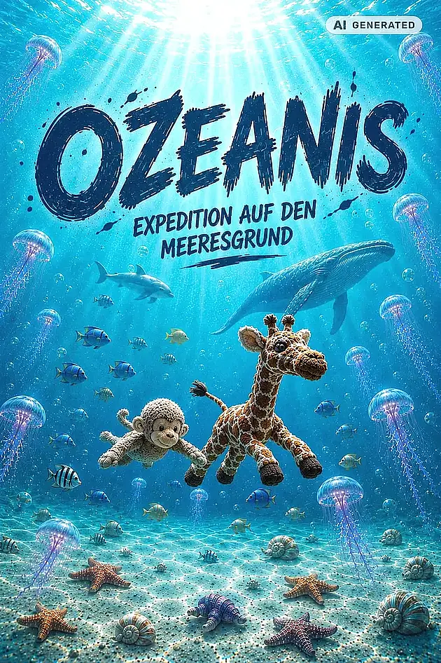 Ein KI generiertes Bild, auf dem ein Stofftier eines Affen und einer Giraffe im Meer tauchen