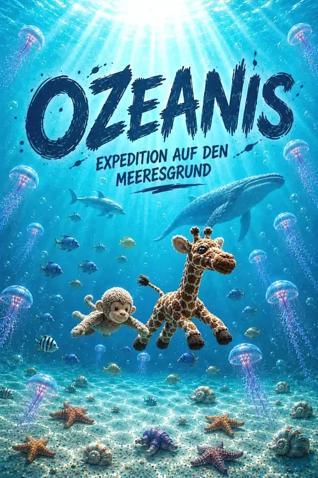 Themenbild "Ozeanis, Expedition auf den Meeresgrund" - Ein Affe und eine Giraffe als Stofftier schwimmen unter Wasser in der Nähe des Meeresgrundes. Um sie herum sind Quallen, Seesterne und Wale zu sehen.