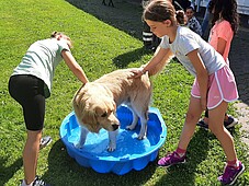 Ein Hund steht in einem kleinen Pool und zwei Mädchen streicheln ihn