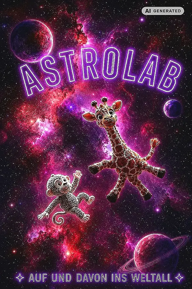 Ein KI generiertes Bild, auf dem ein Stofftier eines Affen und einer Giraffe im All schweben