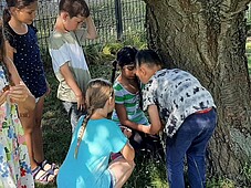Einiher Kinder stehen am Stamm eines Baumes