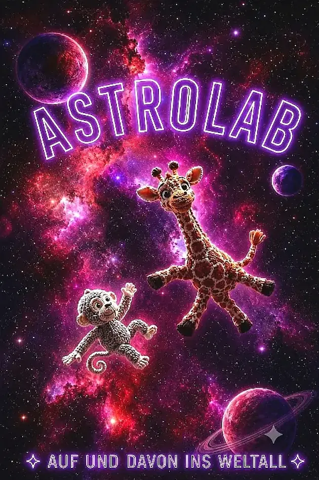 Ein Stofftieraffe und eine Stofftiergiraffe schweben durch den Weltraum, im Hintergrund sind Planeten und Sterne zu sehen. Außerdem steht der Text "Astrolab - auf und davon ins Weltall" auf dem Bild