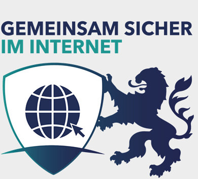 Logo Fachberatung Cybercrime - Gemeinsam sicher im Internet - Abbilung eines stilisierten Erde auf einem Schild mit einem Mauscursor. Das Schild wird vom "Hessenlöwe" gehalten