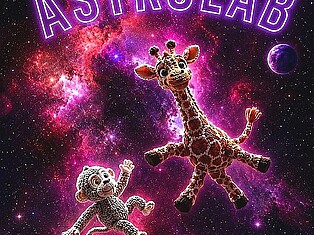 Ein Stofftieraffe und eine Stofftiergiraffe schweben durch den Weltraum, im Hintergrund sind Planeten und Sterne zu sehen. Außerdem steht der Text "Astrolab - auf und davon ins Weltall" auf dem Bild