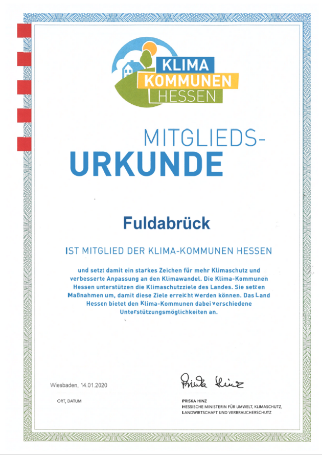 Urkunde Fuldabrück Klima Kommunen Hessen