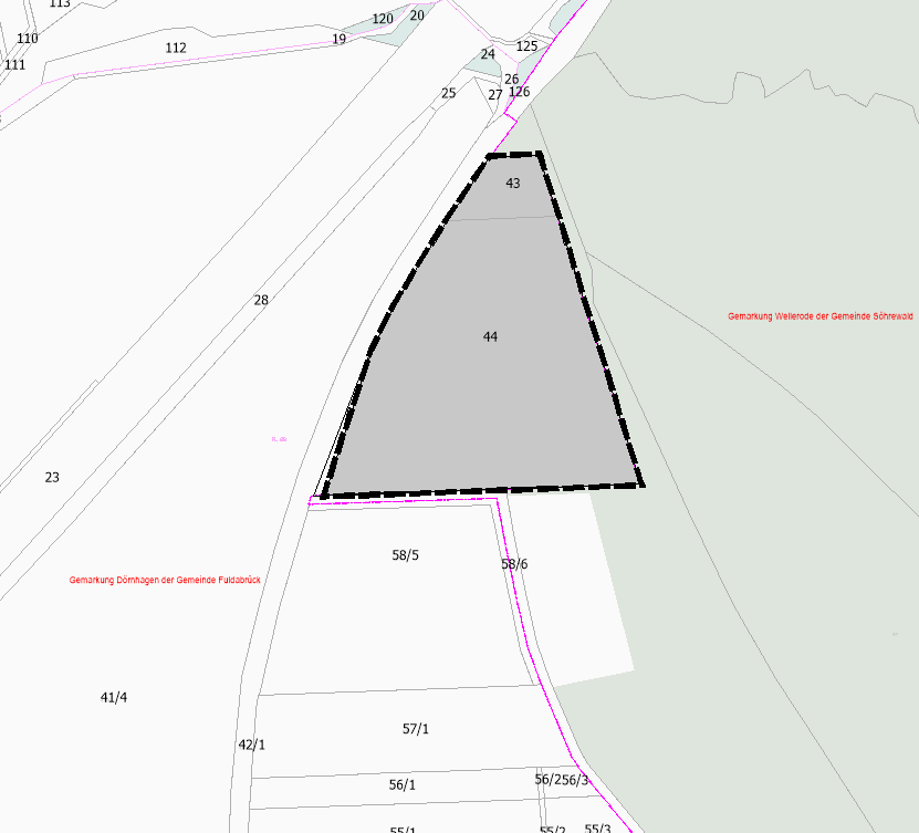 Abgrenzung des räumlichen Geltungsbereiches (gestrichelte Linie, Plan genordet und ohne Maßstab)